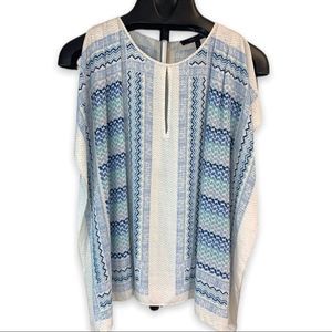 BCBGMaxAzria Women's S Blue Coastal Kaili Keyhole Blouse Geometric Chevron Flowy